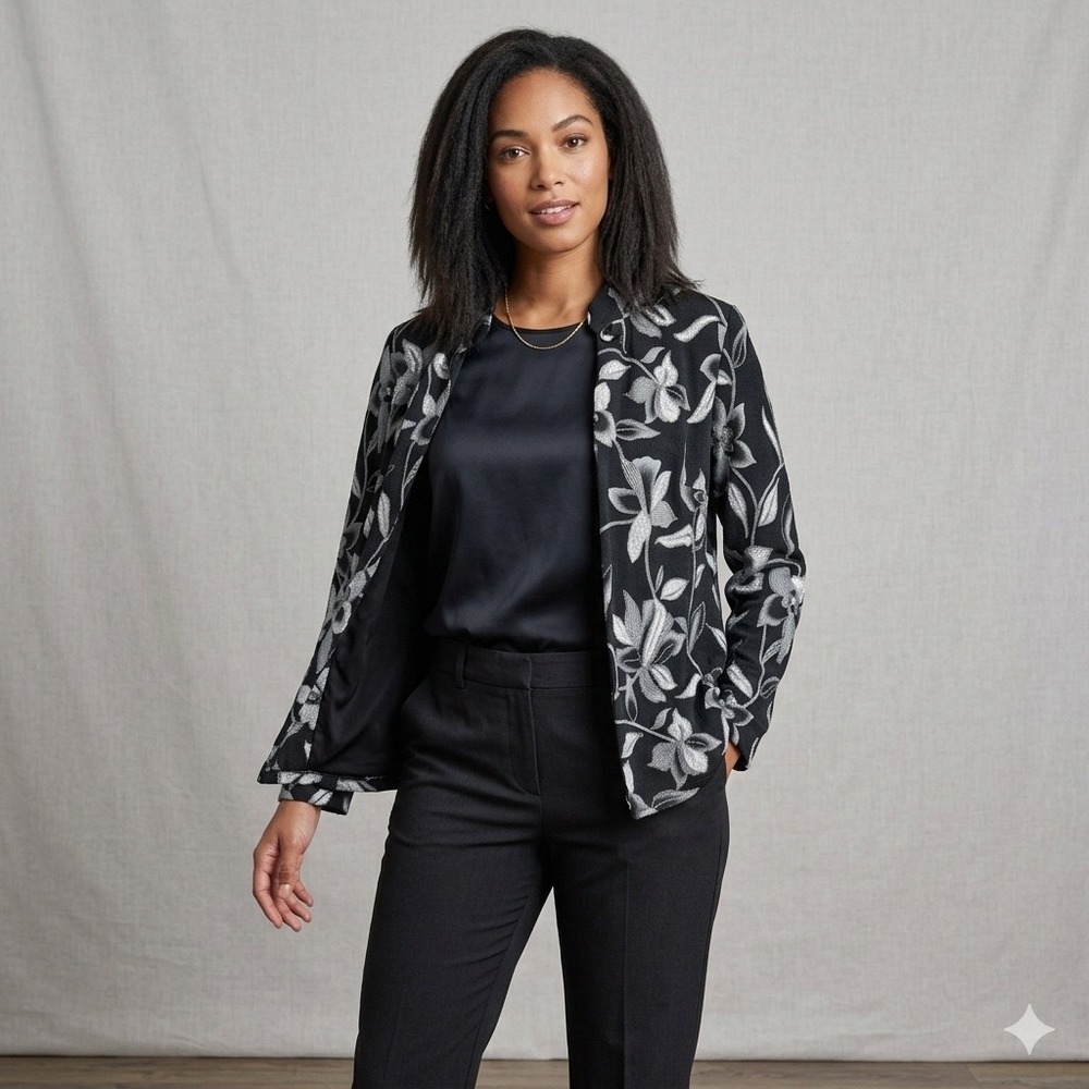 Vintage Onyx Nite Womens Size Medium Black Silver Sequin Floral Evening Jacket